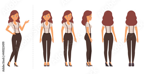 Elegant woman model sheet. Different poses and views for animation