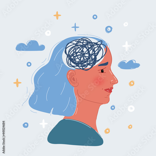 Vector illustration of woman with mess line inside her brain