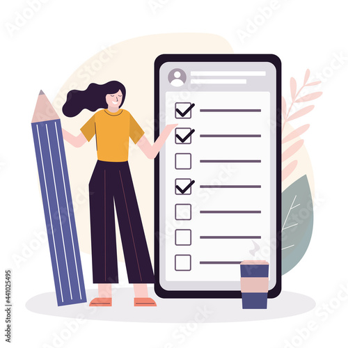 Girl with pencil notes completed tasks in application. Female user marks check marks in checklist. Mobile phone app. To-do list on smartphone screen