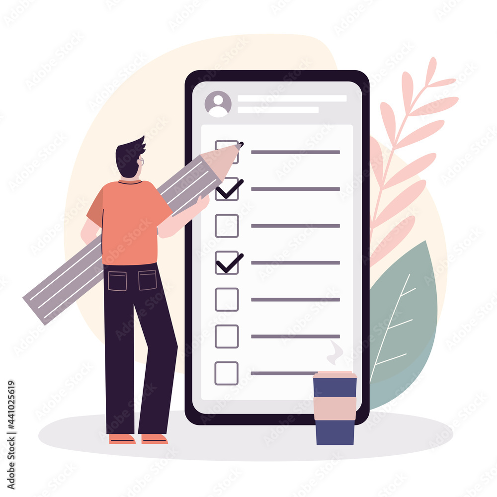 Businessman notes completed tasks in application. African american man marks check marks with pencil in checklist. To-do list on smartphone screen. Time management and planning. Vector illustration Businessman notes completed tasks in application. African american man marks check marks with pencil in checklist. To-do list on smartphone screen. Time management and planning. Vector illustration