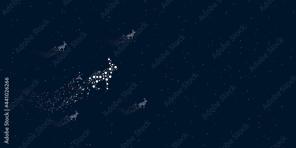 A hare symbol filled with dots flies through the stars leaving a trail behind. Four small symbols around. Empty space for text on the right. Vector illustration on dark blue background with stars