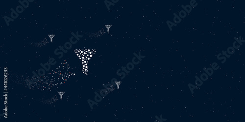 A funnel symbol filled with dots flies through the stars leaving a trail behind. Four small symbols around. Empty space for text on the right. Vector illustration on dark blue background with stars
