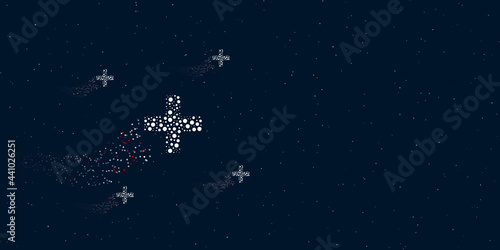 A plus symbol filled with dots flies through the stars leaving a trail behind. Four small symbols around. Empty space for text on the right. Vector illustration on dark blue background with stars