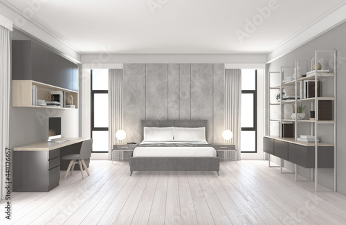 Bedroom interior design with gray pattern wall and wood floor, side table bed and table lamp, minimalist chair and desk, bookshelf. 3d rendering © Phongphan