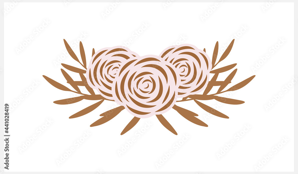Fototapeta premium Doodle wreaths icon isolated on white. Branch with rese and leaves. Hand dwawn art. Cartoon flower. Vector stock illustration. EPS 10