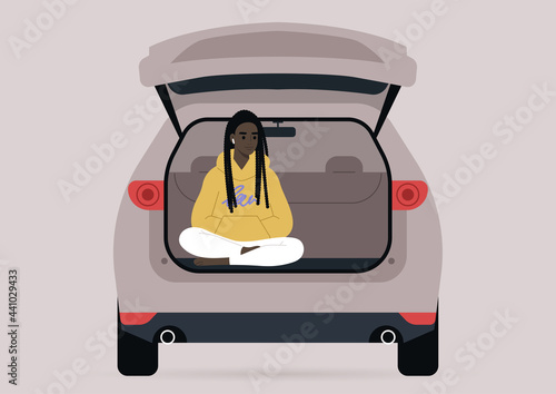 A young female Black character sitting in a car trunk with their legs crossed, millennial lifestyle