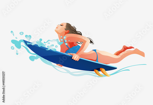 Surfing girl on the surf board catching waves in the sea.A girl with a surfboard dives under a wave. Vector stylish icon in a flat style on the theme of surfing on white background. Isolated