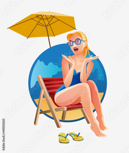 Woman lying on beach chair at beach. Female blonde in sunglasses emotionally surprised and posing having rest near sea. Relaxed girl at tropical resort. Circle stylish background. Vector isolated