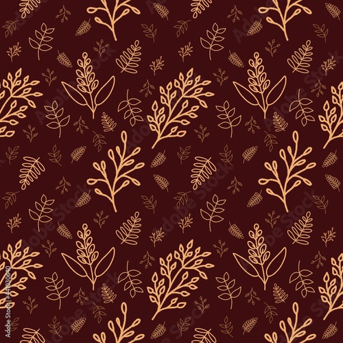 Seamless pattern with leaves on dark red background