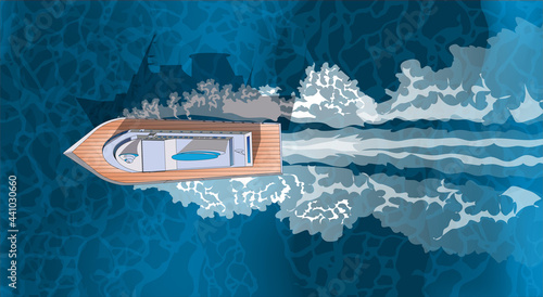 Tropical blue sea top view and Resort boat rides the waves, foam train. Summer horizontal banner travel water concept