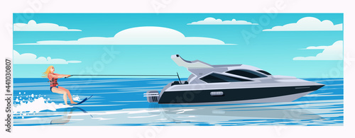 A girl in a life jacket is water skiing on the waves. Beautiful modern yacht, cruising small boat. Pretty woman, girl water skiing, enjoying summer water activities, cartoon vector illustration