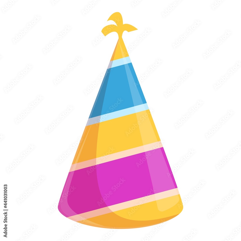 Party hat with bright stripes icon. Cartoon of Party hat with bright stripes vector icon for web design isolated on white background Party hat with bright stripes icon. Cartoon of Party hat with bright stripes vector icon for web design isolated on white background