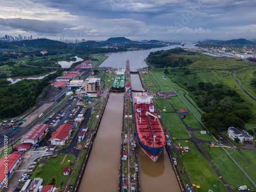 Beautiful aerial view of the Panama Canal and the Miraflores Locks photo