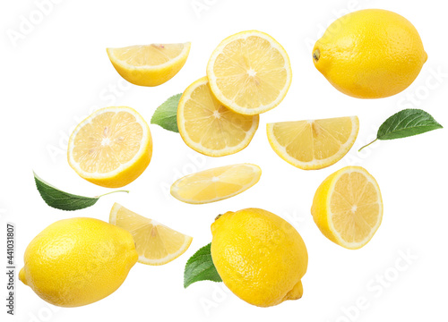 Wallpaper Mural Whole lemons, slices and green leaves on a white background. Isolated Torontodigital.ca