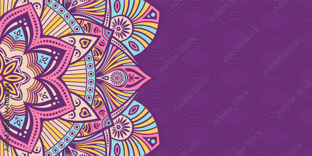 Horizontal mandala banner. Decorative flower mandala background with place  for text. Color mandala on purple background. Arabic Islamic style. Pink,  yellow, blue colors. Vector color illustration. Stock Vector | Adobe Stock