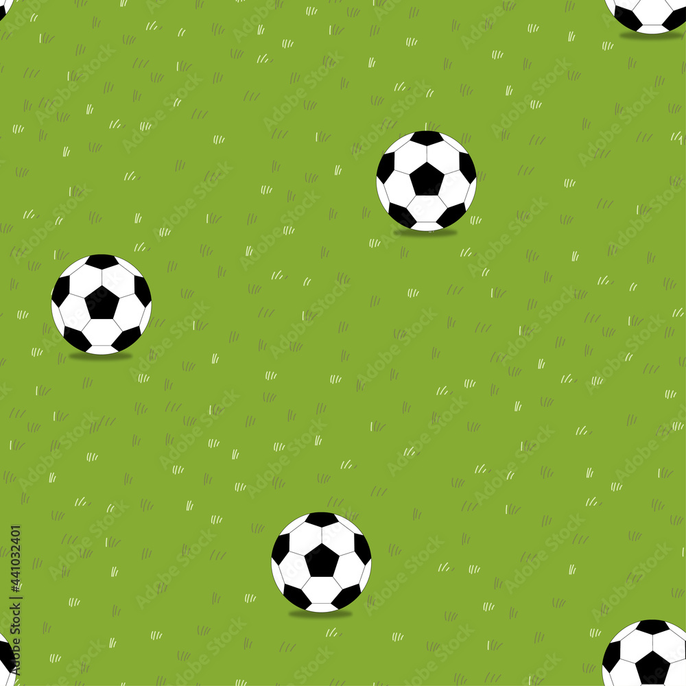 Naklejka premium Lawn grass seamless with football in summer field,Vector cartoon Soccer ball on nature green field texture,Pattern meadow in spring, Green grass on ground, Endless Natural abstract background