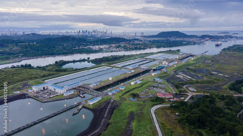 Beautiful aerial view of the Panama Canal and the Miraflores Locks