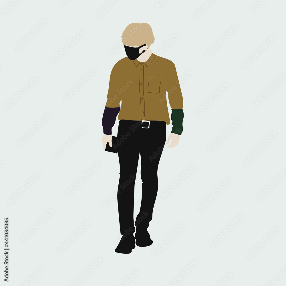 Vector illustration of Kpop street fashion. Street idols of Koreans. Kpop men's fashion idol.A guy in black jeans and a shirt with a mask on his face. Vector illustration of Kpop street fashion. Street idols of Koreans. Kpop men's fashion idol.A guy in black jeans and a shirt with a mask on his face.