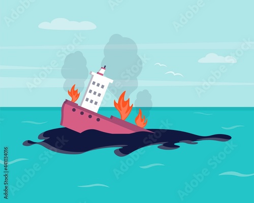 Oil spill on water. Ecological disaster. Environmental pollution. Ecological problem. Burning, sinking tanker. Fire on a tanker. Shipwreck concept. Vector illustration in a flat style.