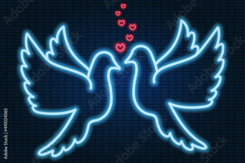 A pair of doves in love. Hearts as a sign of love. Neon glow. Birds flap their wings. Colored vector illustration. Isolated brick wall background. Blue bird. Valentines Day. Symbol of marriage. Pigeon