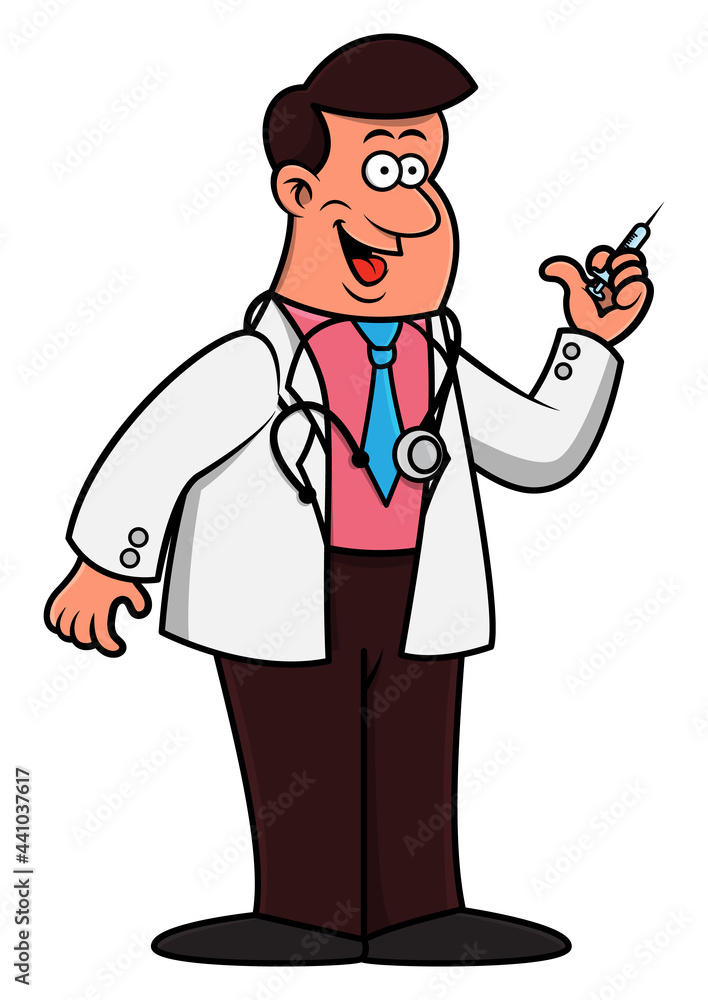 Cartoon illustration of A Doctor wearing white coat and ties with stethoscope on his neck, and holding a syringe, best for mascot and sticker with health care themes Cartoon illustration of A Doctor wearing white coat and ties with stethoscope on his neck, and holding a syringe, best for mascot and sticker with health care themes