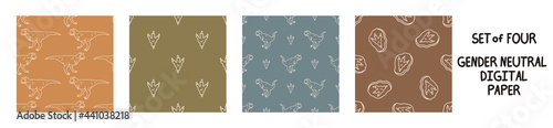 Seemless background allosaurus dinosaur set of 4 patterns. Whimsical minimal earthy 2 tone color. kids nursery wallpaper or boho cartoon pet fashion all over print.