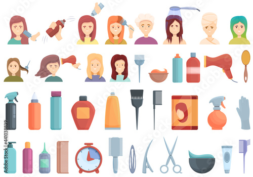 Hair colouring icons set. Cartoon set of hair colouring vector icons for web design
