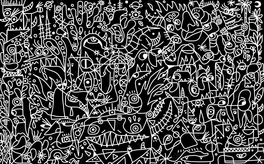 Black and white cartoon pattern on black background, abstract