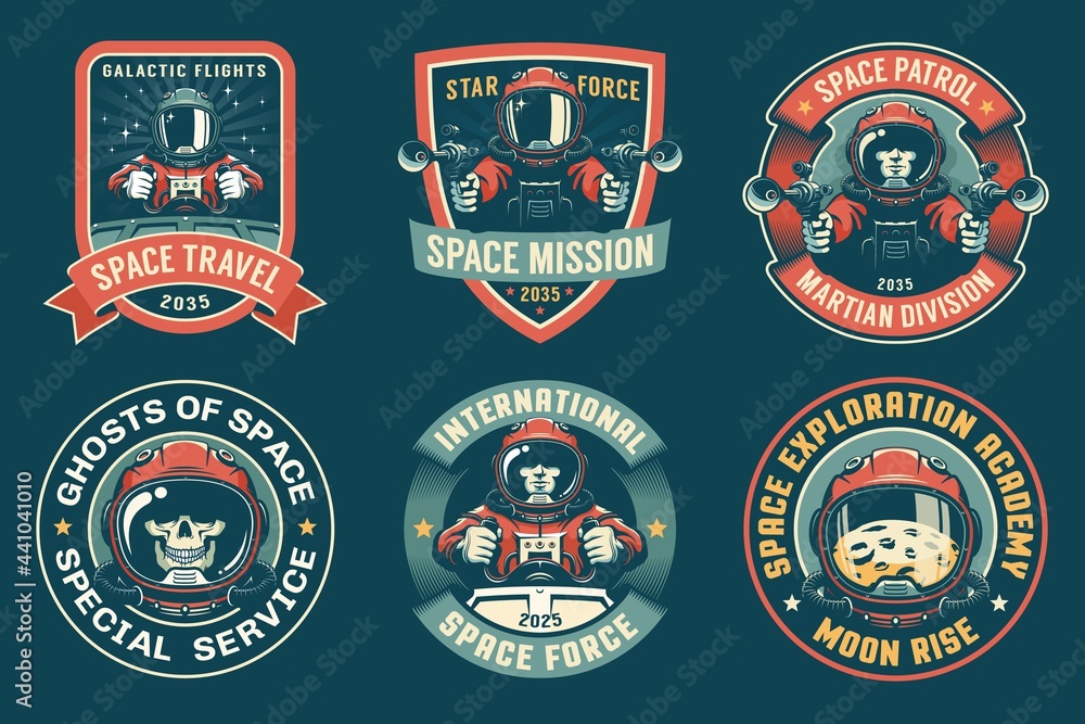 Spaceman badge vintage set. Space retro emblem with astronaut. Vector illustration.