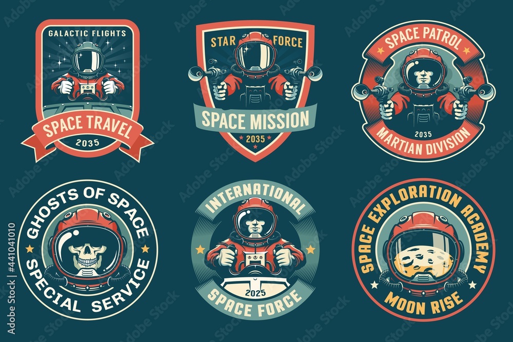 Obraz premium Spaceman badge vintage set. Space retro emblem with astronaut. Vector illustration.
