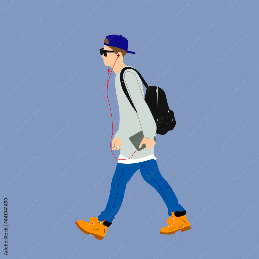 Vector illustration of Kpop street fashion. Street idols of Koreans. Kpop male idol fashion. A guy in blue jeans and a gray sweatshirt, a backpack on his back.
Vector illustration of Kpop street fashion. Street idols of Koreans. Kpop male idol fashion. A guy in blue jeans and a gray sweatshirt, a backpack on his back.