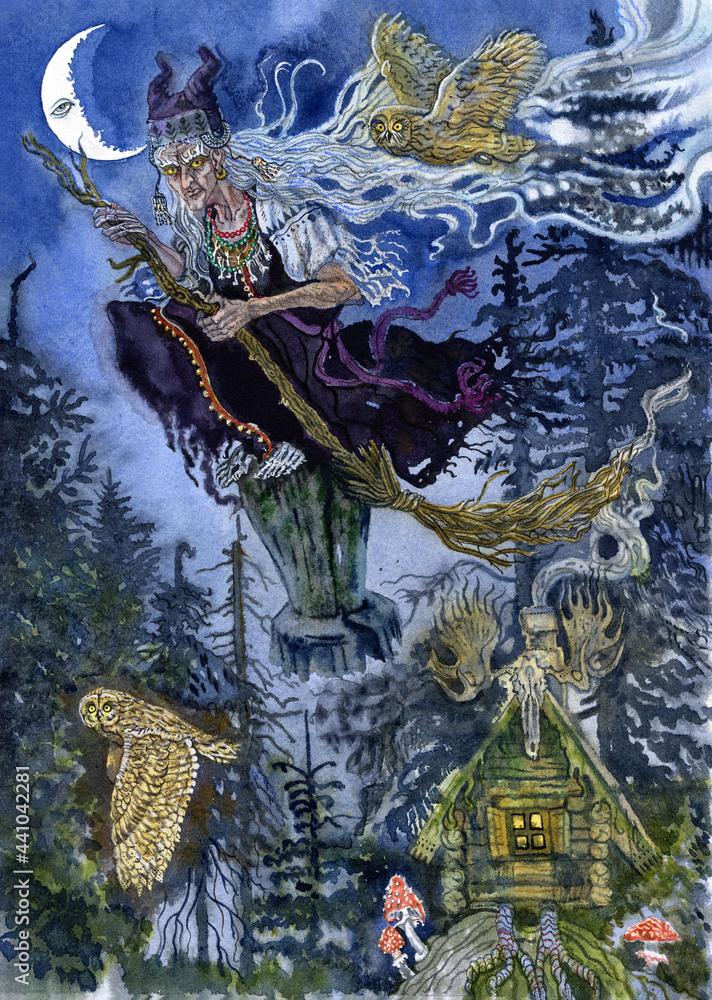Baba Yaga the witch from Slavic folklore. She lives in the forest in a hut on chicken leg and flies in a mortar covering her tracks with a broom. Watercolor illustration. Moon, owls, mushrooms, woods. - obrazy, fototapety, plakaty 