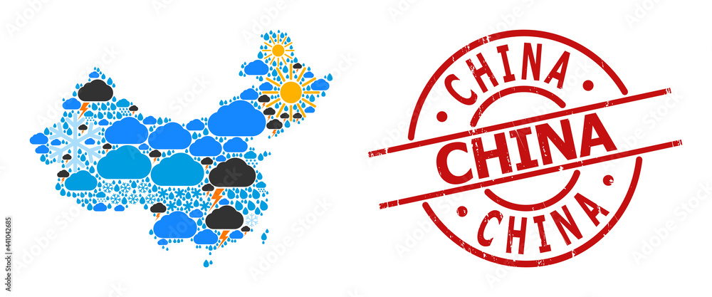 Climate mosaic map of China, and grunge red round stamp. Geographic vector mosaic map of China is composed with scattered rain, cloud, sun, thunderstorm. Vector flat illustration for climate news. Climate mosaic map of China, and grunge red round stamp. Geographic vector mosaic map of China is composed with scattered rain, cloud, sun, thunderstorm. Vector flat illustration for climate news.
