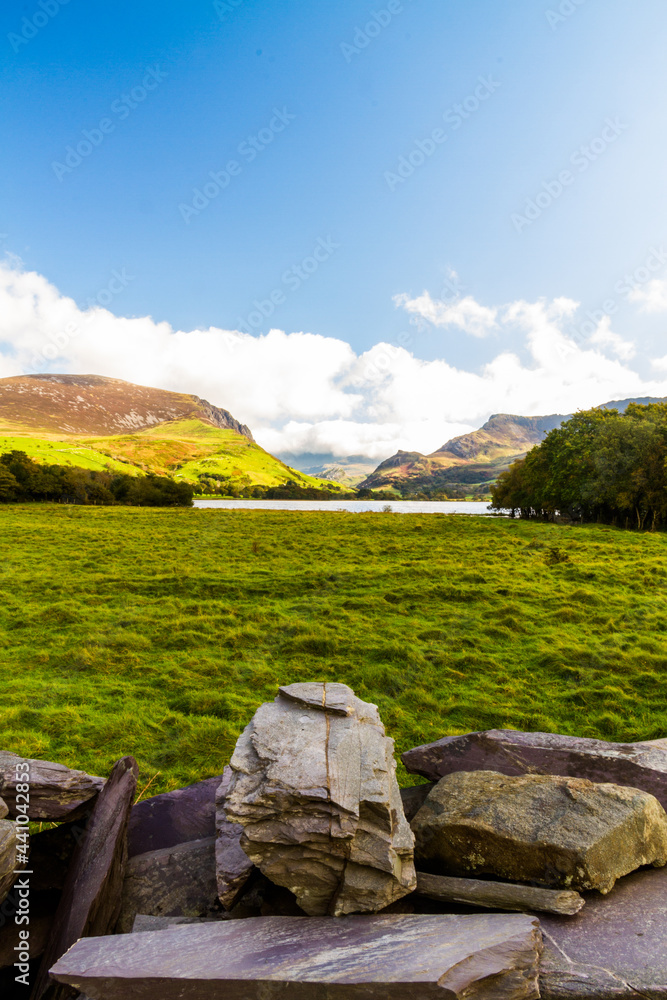 View of Snowdonia, through Nantlle Valley, wide angle and wall.
