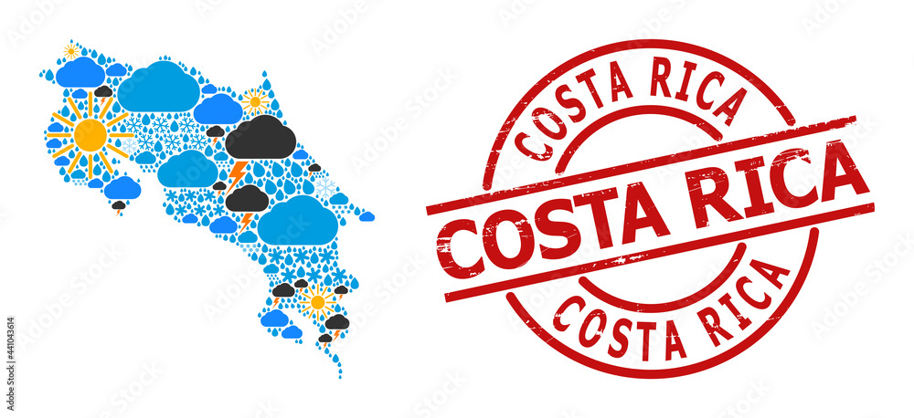 Weather collage map of Costa Rica, and distress red round badge. Geographic vector collage map of Costa Rica is organized with scattered rain, cloud, sun, thunderstorm icons. Weather collage map of Costa Rica, and distress red round badge. Geographic vector collage map of Costa Rica is organized with scattered rain, cloud, sun, thunderstorm icons.