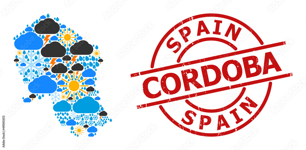 Weather collage map of Cordoba Spanish Province, and grunge red round stamp. Geographic vector collage map of Cordoba Spanish Province is combined from random rain, cloud, sun, thunderstorm elements. Weather collage map of Cordoba Spanish Province, and grunge red round stamp. Geographic vector collage map of Cordoba Spanish Province is combined from random rain, cloud, sun, thunderstorm elements.