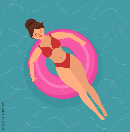Hello summer girl on a swimming ring swims in the sea or pool. Summer vacation illustration. Vector