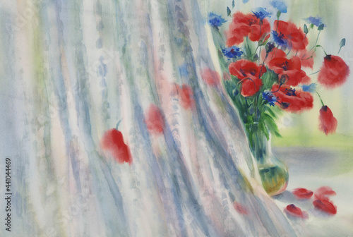 Red poppies and cornflowers in vase watercolor background