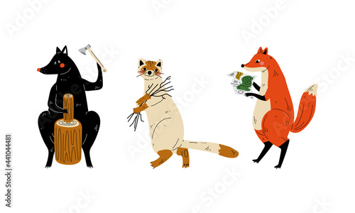 Humanized Animal Characters Having Camping Adventure Chopping Wood and Carrying Brushwood Vector Set