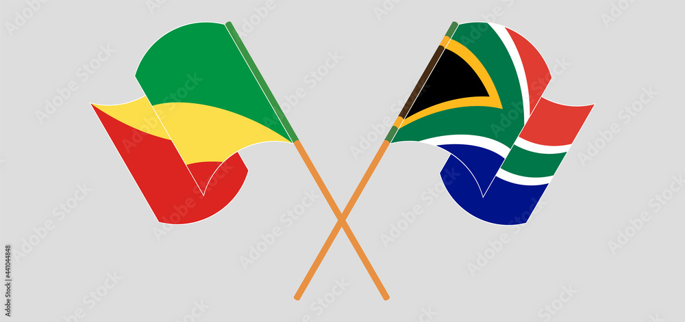 Crossed and waving flags of Republic of the Congo and Republic of South Africa Crossed and waving flags of Republic of the Congo and Republic of South Africa