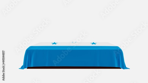 Side View of a Casket on a White Background covered with the Country Flag of Honduras