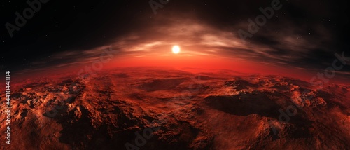 Sunrise over the red planet, Mars from low orbit at sunset, 3D rendering