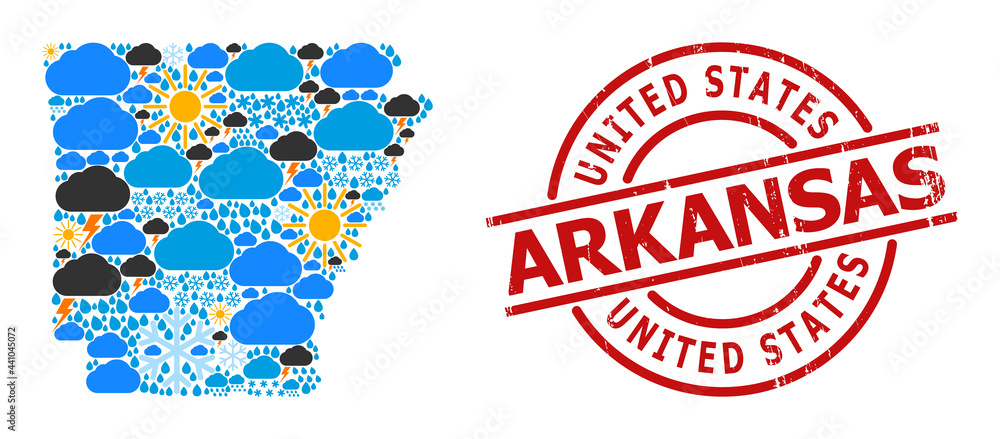 Weather collage map of Arkansas State, and rubber red round stamp. Geographic vector collage map of Arkansas State is constructed from random rain, cloud, sun, thunderstorm symbols. Weather collage map of Arkansas State, and rubber red round stamp. Geographic vector collage map of Arkansas State is constructed from random rain, cloud, sun, thunderstorm symbols.