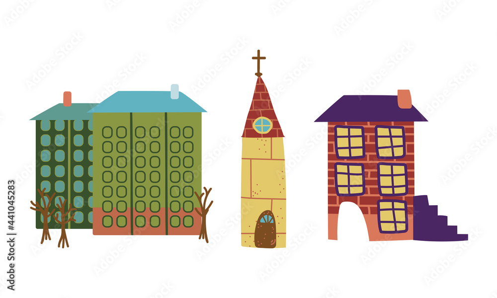 Naklejka premium House Building and Church as City Street Element Vector Set