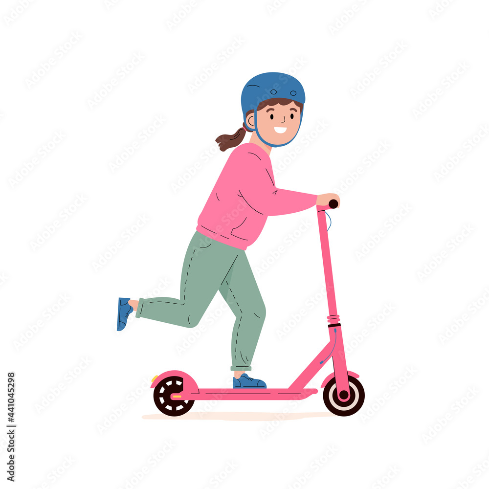 Happy little girl in a helmet riding electric walk scooter. Modern child character driving eco urban transport. Active sports and walks. Colored flat vector illustration isolated on white background. Happy little girl in a helmet riding electric walk scooter. Modern child character driving eco urban transport. Active sports and walks. Colored flat vector illustration isolated on white background.