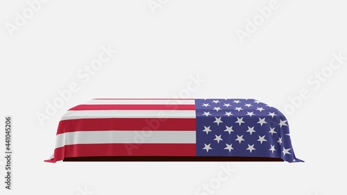 Side View of a Casket on a White Background covered with the Country Flag of United States
