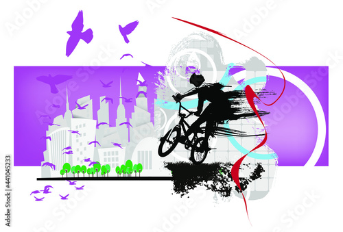 Active young man doing tricks on a bicycle, extreme sport concept. Sport background ready for poster or banner, vector