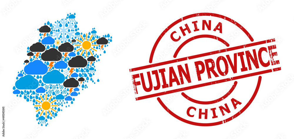 Climate collage map of Fujian Province, and grunge red round badge. Geographic vector collage map of Fujian Province is constructed from random rain, cloud, sun, thunderstorm elements. Climate collage map of Fujian Province, and grunge red round badge. Geographic vector collage map of Fujian Province is constructed from random rain, cloud, sun, thunderstorm elements.