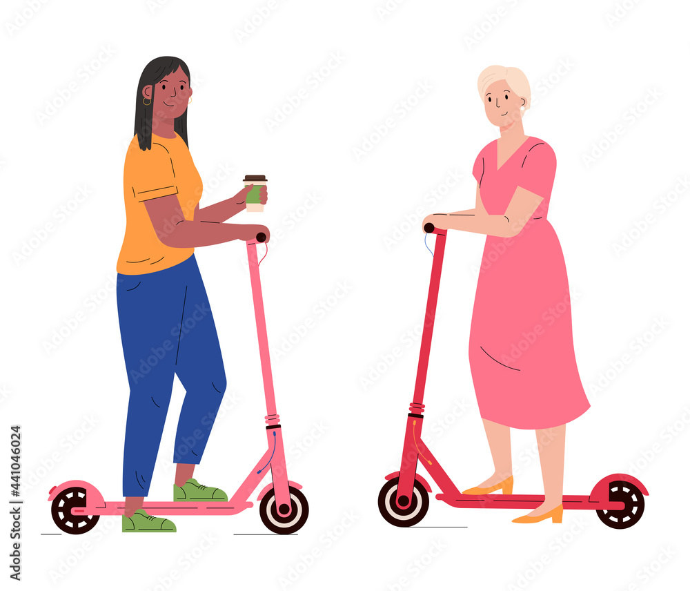 Women with electric walk scooters. Girlfriends on e-scooters met each other. Alternative modern eco urban transport, healthy lifestyle. Flat vector illustration isolated on white background Women with electric walk scooters. Girlfriends on e-scooters met each other. Alternative modern eco urban transport, healthy lifestyle. Flat vector illustration isolated on white background