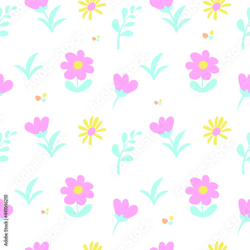 Natural elements seamless pattern. Delicate pastel colors. Leaves, flowers. Childish illustration. Vector in flat style. Suitable for textiles and packaging.